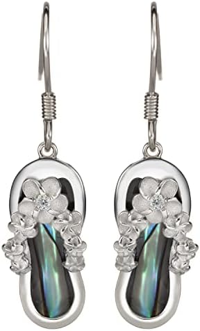 Sterling Silver Natural Abalone Shell CZ Plumeria Flower Flip Flop Slipper Dangle Hook Earrings, EMVsseas11fh