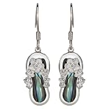 Sterling Silver Natural Abalone Shell CZ Plumeria Flower Flip Flop Slipper Dangle Hook Earrings, EMV