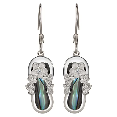 Sterling Silver Natural Abalone Shell Cz Plumeria Flower Flip Flop Slipper Dangle Hook Earrings, Emvsseas11Fh #TOP6