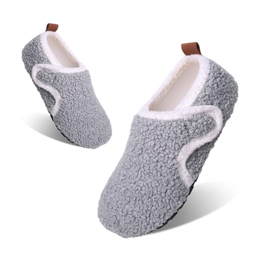 Kids Slippers Boys Girls Warm Fleece House Shoes with Anti-Slip Sole Soft Plush Winter Slippers for Toddlers Children, A2 Gray, 6/7 UK Child