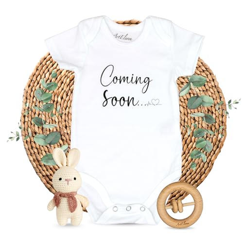 ArtEleven Pregnancy Announcement Onesie – Includes Crochet Bunny & Natural Wood Rattle | Baby Announcement Onesie 100% Cotton | Coming Soon Baby Announcement 2026 | Pregnancy Reveal to Parents