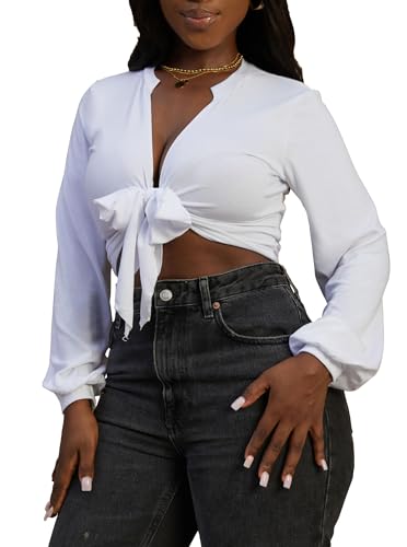 LovelyWholesale Women Tie Front Tops Sexy Cropped Long Sleeve Deep V Neck Shirt Clubwear2