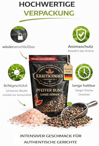 Salz und Pfeffer bunt für die Mühle von Krautschmaus je 120g, rosa Natursalz grob, bekannt als Himalaya Salz, Kristallsalz aus Salt Range Pakistan, bunte Pfefferkörner