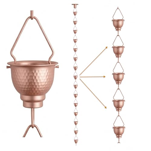 Image of Rain Chain - Copper Powder Coated 8.5 Feet Length Metal Rain Chain for Garden Decor - Rust Proof Long Lasting Rain Chain with Gutter Adaptor and Clip Installer - Rain Chain Downspout for Gutter