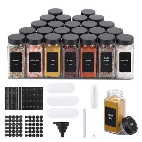 Vexnaro 24 Piezas Botes Especias Juego Llevar 1 Rotulador, 120ml Especieros Tarros Herméticos Cuadrados, Botes Especias Cristal Juego Incluye Tamiz, 400 Etiquetas, Bolígrafos, Embudo, Cepillo​