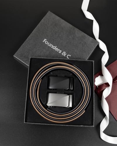 Image of Founders & C Mens Belt 2 Pack,Leather Ratchet Click Belt Dress with Slide Buckle 1 3 /8 inch in Gift Set Box- Size Adjustable