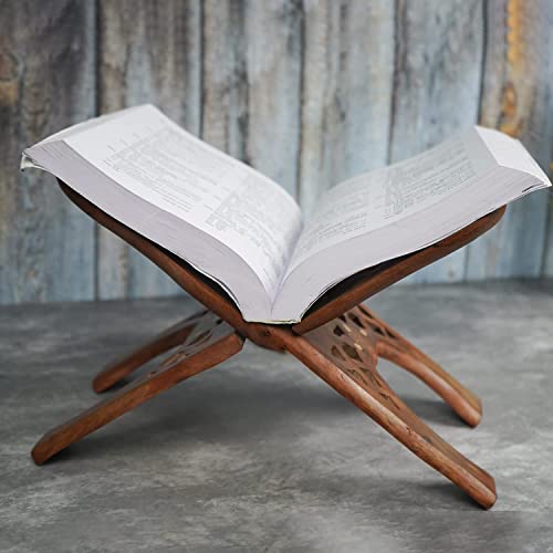 Image of Naayaab Craft Handmade & Handcraft Sheesham Wooden Book Holder Display Stand | Folding Religious Prayer Free Reading Stand with Intricate Carvings| Rehal for Religious Holy Books - Size 12 inch