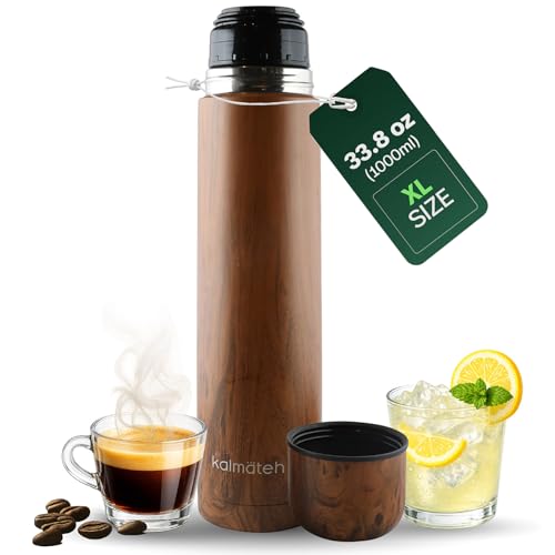 Kalmateh Stainless Steel Thermo Bottle 34oz for Hot Drinks, Precise Pouring for Coffee, Tea, Yerba Mate and Cold Beverages