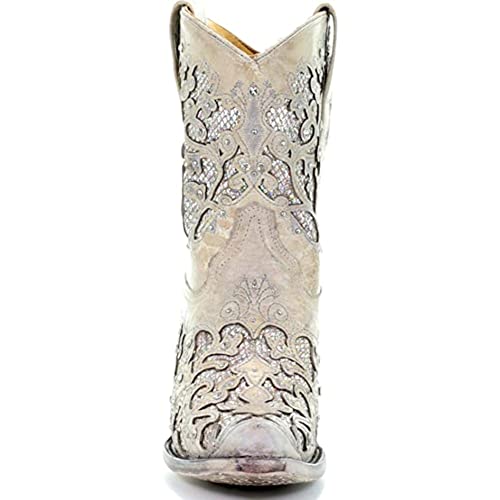 Image of CORRAL Women's Snip Toe Wedding Embroidered Glitter Inlay and Crystals Handcrafted Pull-On Leather Over-the-Ankle Cowboy /Cowgirl Boots