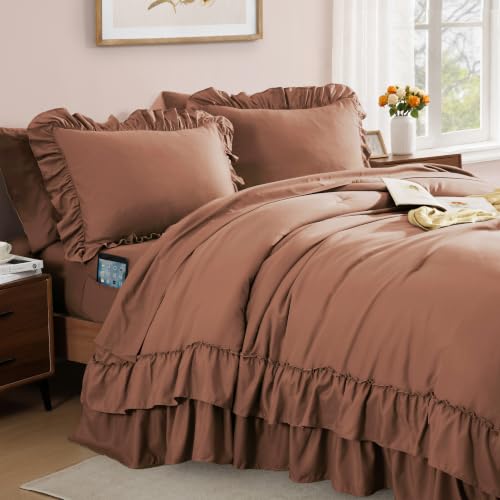 Image of Full Size Comforter Set Russet Ruffle 7 Pieces Farmhouse Bed in a Bag