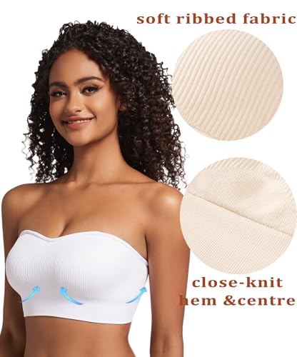 Image of PRETTYWELL Strapless Bra for Women Ribbed Seamless Non-Slip Comfort Padded Wireless Bandeau Bras Wireless Tube Top Bra