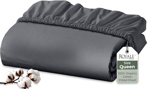 Royale Linens 100% Organic Cotton Fitted Sheet - Percale Weave - Super Soft Deep Pocket Bottom Sheets - Grey Elastic Sheet Queen Size - Queen Fitted Sheets Only - (60
