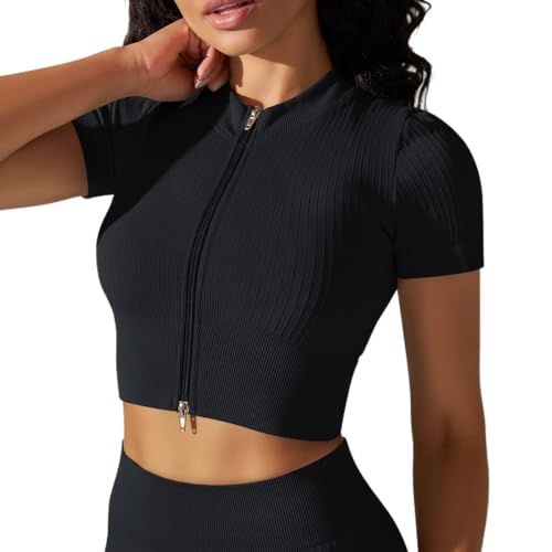 T-shirt de sport respirant femme extensible avec col zippé ajustable