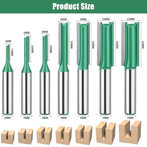 7 Pièces Fraise Defonceuse 8mm, Fraise Droite Defonceuse, Fraise à Bois Fraise pour 3 mm, 4mm, 5mm, 6mm, 8mm, 10mm, 12mm