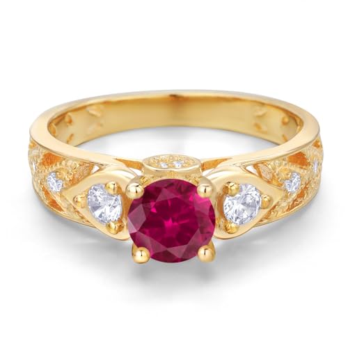 Gem Stone King 18K Yellow Gold Plated Silver Round 6MM Gemstone Birthstone Engagement Ring | Wedding Anniversary Promise Ring For Women | Available In Size 5, 6, 7, 8, 93