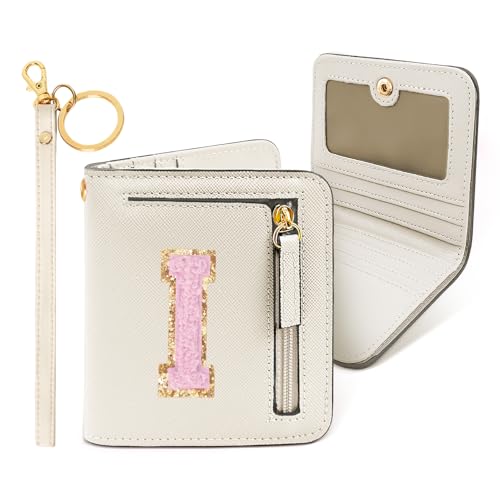 Image of COSHAYSOO Initial Wallet RFID Small Bifold Slim Letter Wallet for Women Teenager Girls Travel Daily Necessities Credit Cards Money Cash Coin Organizer, Off White, Compact, I