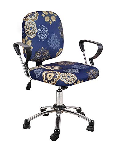 Image of Cortina Computer Desk Seat Covers | Soft Stretchable Elastic Polyester Spandex Cover | Revolving Chair Protector | Office Chair Polyester Covers | Floral Print - Navy Blue 2 | Chair Cover Set of 1