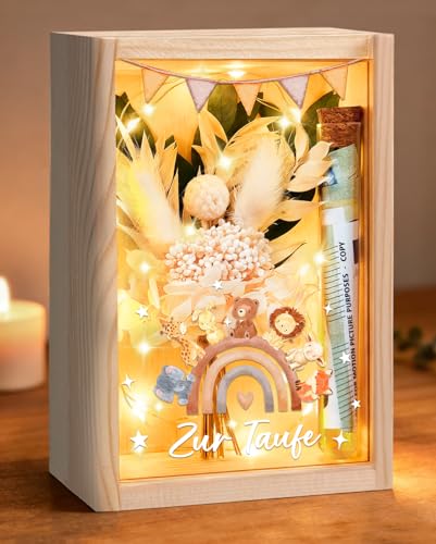 Taufgeschenke für Mädchen Jungen Geldgeschenke Verpackung Taufe inklusive Holzbox+Trockenblumen+LED Lichterkette+Reagenzglas+Taufkarte Kreative Geschenke zur Taufe
