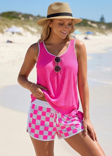 Image of ROSEWE Modest Tankini Swimsuits for Women, Two Piece Athletic Womens Bathing Suits Blouson Tank Tops with Board Shorts