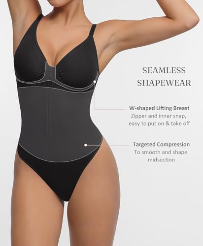 FeelinGirl Zip Front Bodysuits for Women Tummy Control Shapewear Sculpting Thong Body Shaper Slimming V Neck Body Suit4