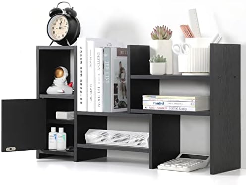 GICLAIN Desktop Shelf Adjustable Wood Small Bookshelf Office Supplies Desk Organizer and Accessories Display Rack with 2-Tier Small Drawer, Luxury Black