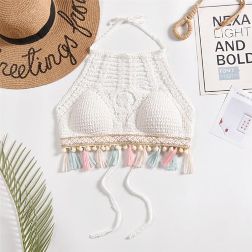 Image of PALAY Women's Summer Beach Backless Crochet Halter Bikini Crop Top Crochet Hollow Out Tassle Embroidery Knit Boho Beachwear