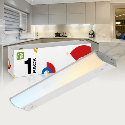 Image of ASD LED Under Cabinet Lighting with 1 Power Outlet, 18 inch 8W 715 LM, Hardwired Under Cabinet Lights for Kitchen, 3000K /4000K /5000K, Under Counter Light Fixtures, ETL, White Finish (No On /Off Switch)