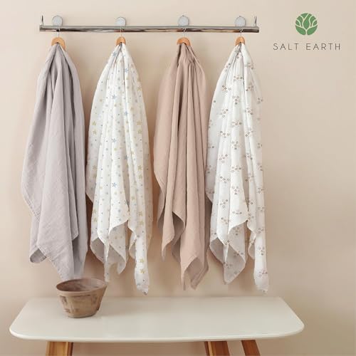 Image of Salt Earth GOTS Certified 100% Organic Cotton 2-Layered Swaddle Baby Blanket, 4 Pack, 47 inchx 47 inch Receiving Blankets for Swaddling, Wrap for Boy & Girl, Newborn Baby Essentials, Registry (Solids & Stars)