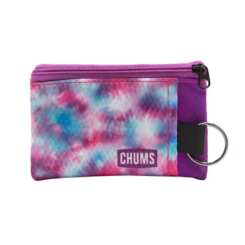 Image of Chums Surfshorts Wallet - Lightweight Zippered Minimalist Wallet with Clear ID Window - Water Resistant with Key Ring (Pink /Purple Tie Dye)