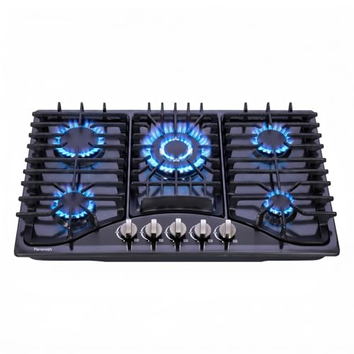 Paneroth Gas Cooktop 30 Inch, 5 Burners Built-in Stove Top Stainless Steel Propane/Natural Gas Convertible Sealed Dual Fuel Cooktop (Black)