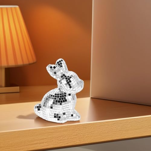 Adorno de bola de disco con conejito reflectante HOMSFOU, figura pequeña portátil y elegante para decoración de mesa en casa y fiestas miniatura 5