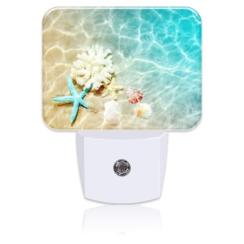 Image of Starfish Coral and Seashell Plug in Night Lights, Beach in Sea Water Nightlight Plug Into Wall Dusk to Dawn Sensor for Kid Girls Boys Women Men Room, Hallway, Kitchen, Bathroom, Stairs Decor