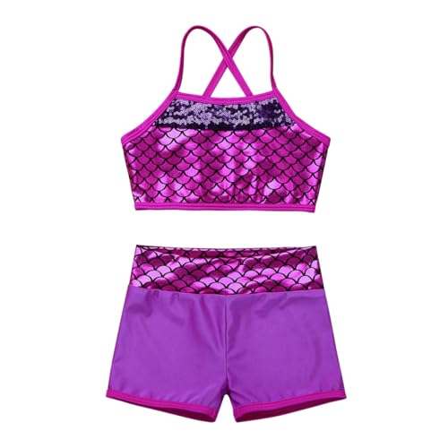 YEAHDOR Big Girls' 2 Pieces Gymnastics Dancing Outfits Crop Bra Top with Shorts Set Athletic Sports Actviewear Rose Red Mermaid Scales 10-12 Years3