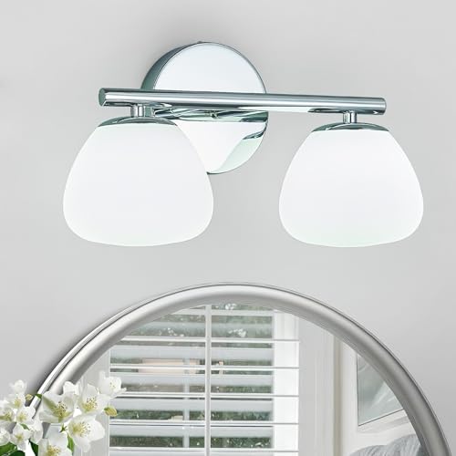 Image of Modern 2 Light Bathroom Vanity Light Chrome Vanity Light Bathroom Light Fixtures Over Mirror with Milk Glass Shade Bathroom Wall Sconce