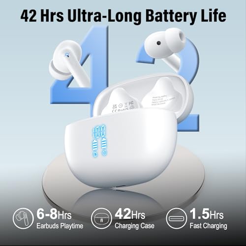 Image of Wireless Earbuds, Bluetooth 5.4 Headphones Bass Stereo /Clear Calls, Ivory | Ear Buds with Noise Cancelling Mic LED Display in Ear Earphones Ai Translation Earbuds Real Time with 6 Translation Modes
