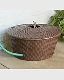 DECORATIVE RESIN WICKER GARDEN HOSE BASKET ON STEEL FRAME WITH LID (100 FT.HOSE CAPACITY-HOSE NOT INCLUDED)