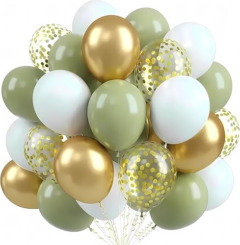 100 Globos Blanco Verde Oro,12 Globos Dorados de Látex Helio,Balloons de Confeti con Cinta para Aniversario,Bodas,Bautizo Niña, Baby Shower