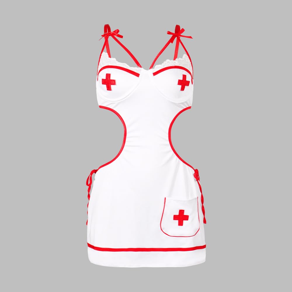 VicSec Ensemble De Lingerie Sexy Pour Femme Tenue D'infirmière Body Nuisette Costume Érotique Robe En Maille Fendue Cosplay Jupe Creuse Uniforme De Club Jeu De Rôle Vêtements De Nuit Père Noël