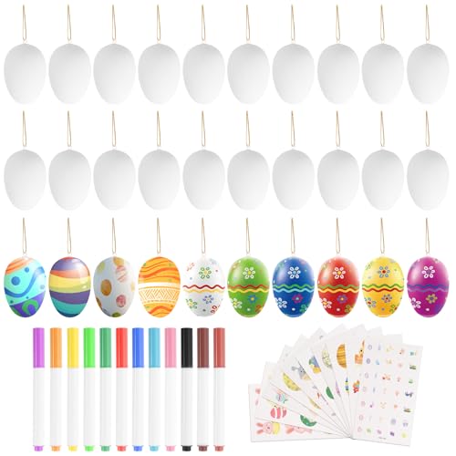 OCCOUMR Lot de 30 œufs de Pâques en plastique à peindre - Décoration à suspendre - Œufs peints à la main - Blanc - Avec 12 stylos et 10 œufs de lapin -...