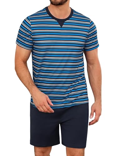 Leversic Verano Conjunto de Pijama Hombre Ropa de Dormir de Algodón Camisetas de Pijama a Rayas de Manga Corta y Pantalones Cortos para Dormir con Bolsillos(Azul Real,XXL)