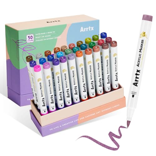 Arrtx メタリックアクリルペイントマーカー 30色 ブラシ先端 耐水性 石・陶器・ガラス・キャンバス対応 DIYクラフト