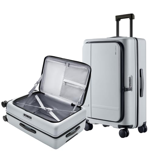 Image of NINETYGO Medium Checked Luggage 25 Inch, Flat Top Opening Check In Luggage with Cup Holder, Expandable, Lightweight PC Hard Shell, TSA Lock, 360 Spinner Wheels (Charcoal Coconut Milk)