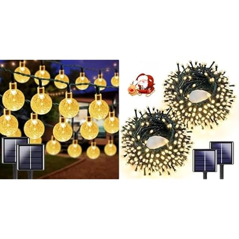 LORRYTE 2-Pack Warm White 64FT 100 LED Crystal Globe Solar Christmas Lights and Total 240 LED Extra-Bright Solar String Lights Cover