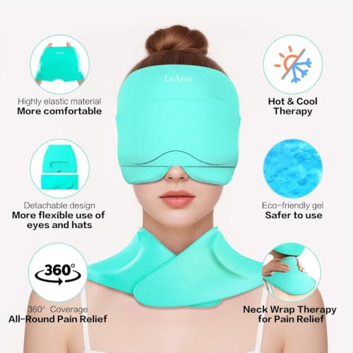 Image of 3 in 1 Migraine Relief Cap Neck Ice Pack Wrap Gel and Ice Eye Masks, Detachable Ice Caps with Eyes Masks, Hot and Cold Therapy for Relief of Headaches, Stiff Neck and Eye Fatigue (Mint Green)