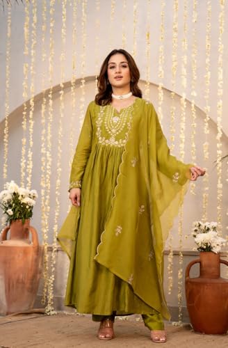 Image of Women Chanderi Silk Embroidered Kurta Pant Dupatta Set | Ethnic Wear | 2.25m Dupatta | S-XXL | Green & Teal Blue