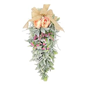 Teardrop Swag Decorative Spring Summer Hanging Decor for Holiday Door Garden, Mixed Floral Flower Teardrop Wreath with Burlap Floral Arrangement for Door Wall Mantel Window