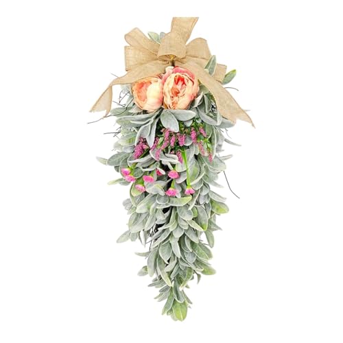 Teardrop Swag Decorative Spring Summer Hanging Decor for Holiday Door Garden, Mixed Floral Flower Teardrop Wreath with Burlap Floral Arrangement for Door Wall Mantel Window