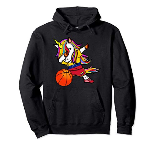 Funny Dabbing Unicorn Venezuela Basketball - Venezuelan Flag Pullover Hoodie, Black