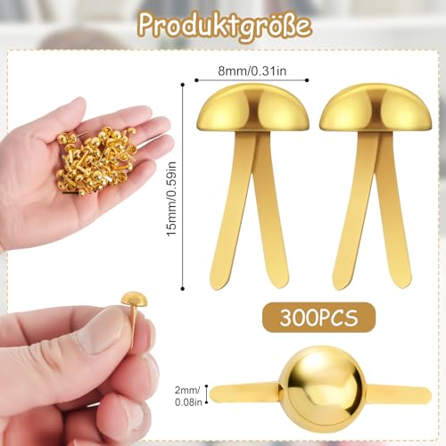300 Stück Musterbeutelklammern Goldene, Metallklammern für Scrapbooking, Rundkopf, Metall Rundkopfklammern Scrapbooking, Mini Runde Brads, Bastelzubehör für Heimwerker