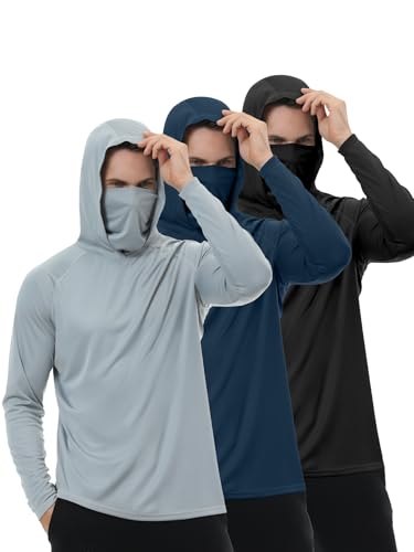 Cymebosilux 3 Pack Mens Sun Protection Fishing Hoodie with Face Mask Long Sleeve Work Sweatshirt Construction Quick Dry Black Blue Gray Medium